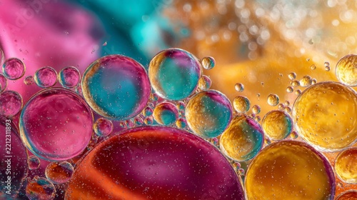 Colorful liquid bubbles in vibrant abstract macro pattern, fluid shapes and dynamic textures for science, chemistry, laboratory, molecular research, liquid surface, and creative background concepts