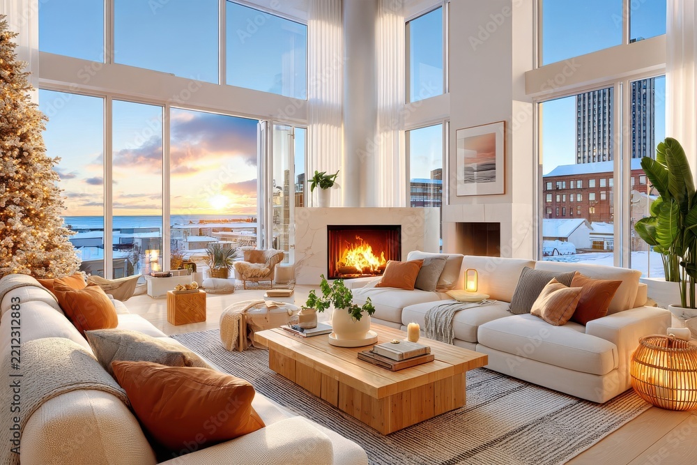 Fototapeta premium White sectional sofa with orange cushions and wooden coffee table in luxurious penthouse living room overlooking snowy cityscape at sunset, interior design