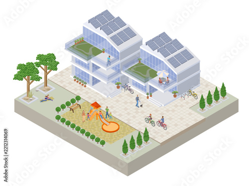 Isometric modern eco houses with solar panels and playground
