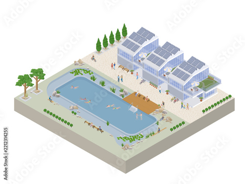 Isometric modern eco houses with solar panels and swimming pool