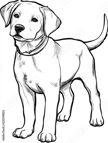Simple Black And White Line Art Illustration Of A Cute Labrador Retriever Puppy Standing Isolated