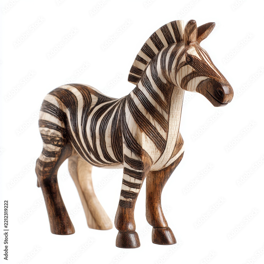 Obraz premium Small Carved Wooden Zebra Figurine Isolated On A Bright White Background With Natural Texture