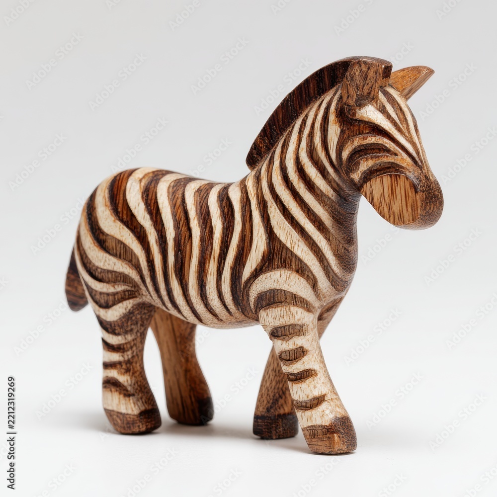 Fototapeta premium Small Carved Wooden Zebra Figurine Isolated On White Studio Background With Soft Lighting