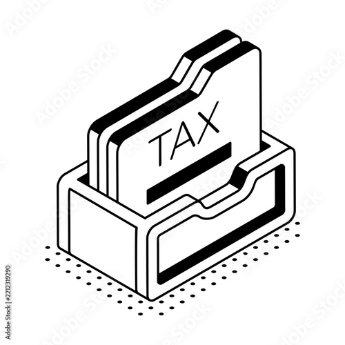 Isometric illustration of a printer producing a tax file, using clean black outlines, compact forms, and financial details on a white background.