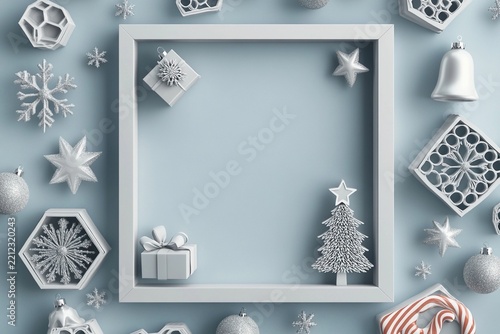 Festive frame with honeycomb pattern and Christmas decorations for holiday greetings