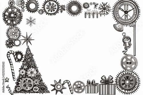 Clockwork frame with gears, clock, and festive elements creates a unique holiday display