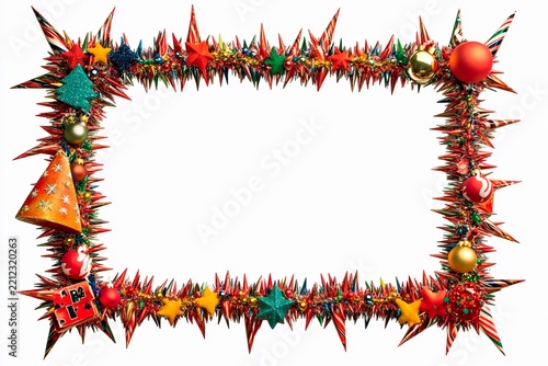 Festive holiday frame adorned with spiky decorations and colorful ornaments for Christmas celebrations