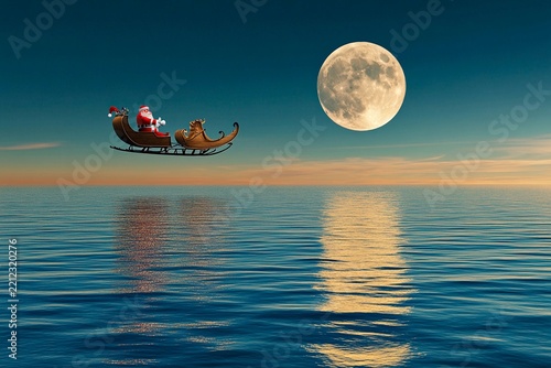 Santa flies his sleigh over a calm ocean under a full moon at twilight