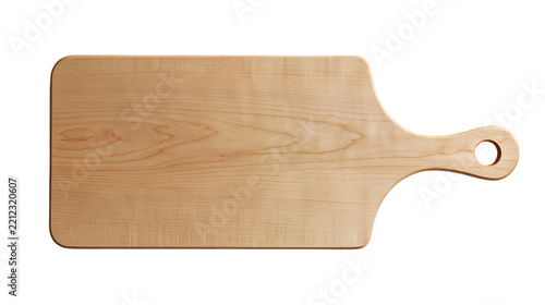 Rectangular wooden cutting board with a handle and a circular hanging hole