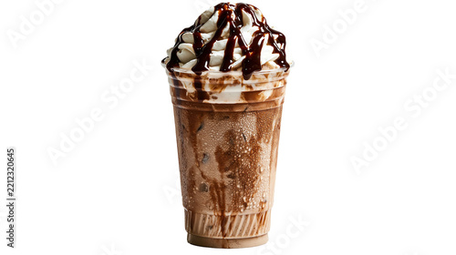 Iced mocha coffee in plastic cup with whipped cream and chocolate syrup drizzle