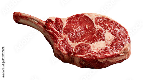 Raw tomahawk ribeye steak with bone in marbled beef cut