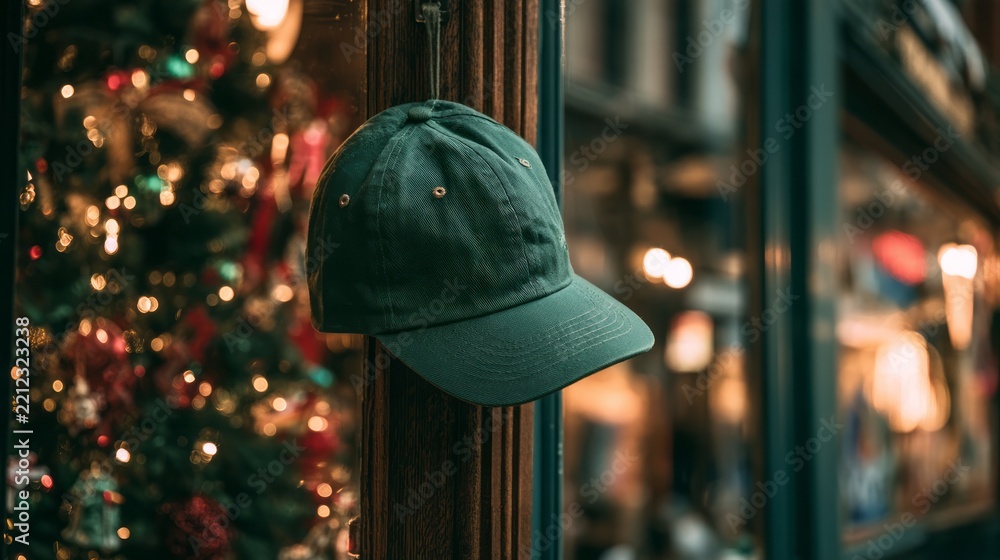Fototapeta premium Festive green baseball cap hanging beside a decorated window with warm holiday lights, seasonal christmas decorations, cozy winter atmosphere, and cheerful celebration background