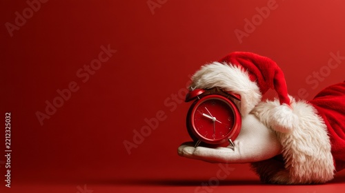 Santa claus hand holding a red alarm clock while wearing a festive santa hat against a bright red background, christmas and new year countdown concept, holiday celebration, seasonal shopping, festive 