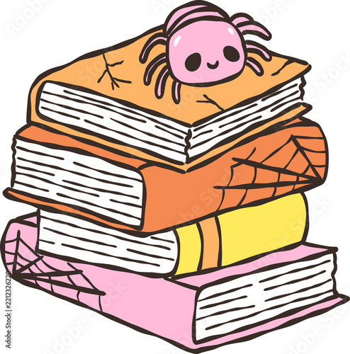 Cute Spider on Stacked Books Spooky Bookish. Cozy Halloween Cartoon Doodle Hand Drawn