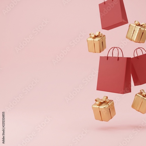 3D floating red shopping bags and golden gift boxes on pastel pink background