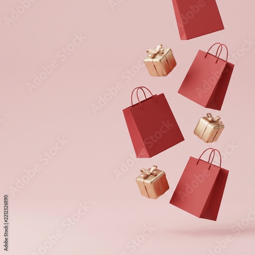 3D floating red shopping bags and golden gift boxes on pastel pink background