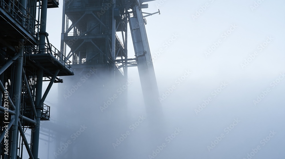 Fototapeta premium Industrial steel structure shrouded in atmospheric fog, evoking a sense of mystery and industrial heritage