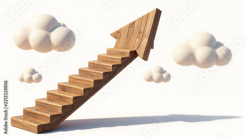 Concept of business growth with wooden arrow stairs and clouds