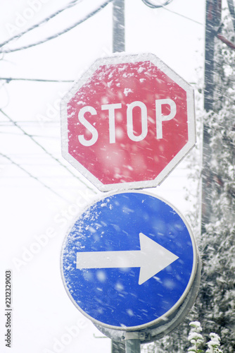 Fotografie Octagonal stop traffic sign and blue directional arrow during heavy snowfall