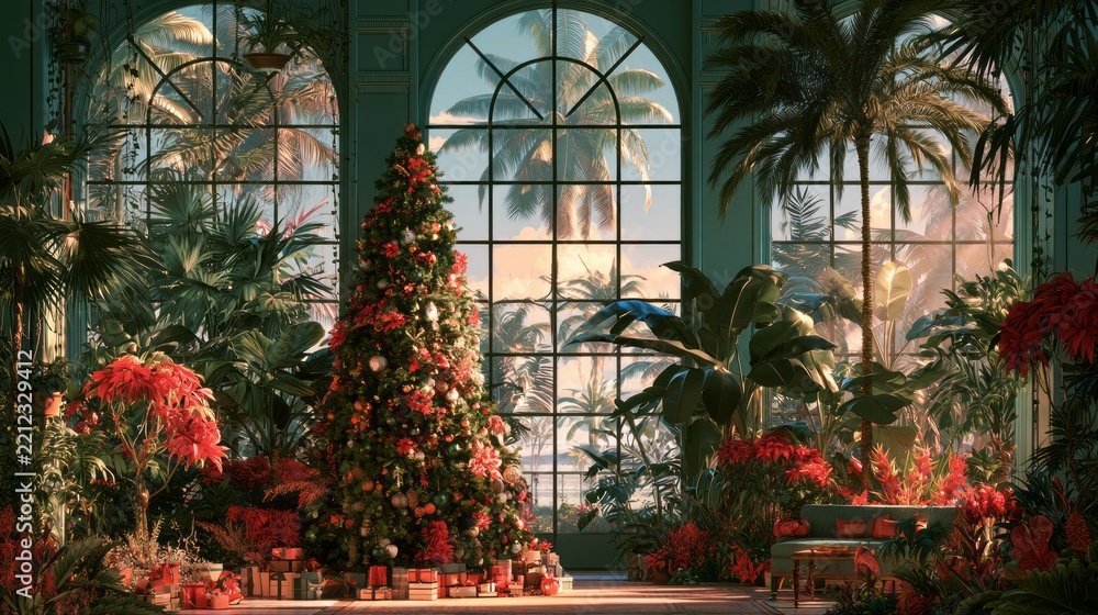 Fototapeta premium Tropical Christmas holiday celebration with festive decorations, palm leaves, warm sunlight, colorful ornaments, and seasonal atmosphere in an exotic summer setting