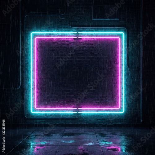 Blank glowing neon frame with cyan and pink lights on dark brick wall