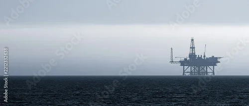 Panel kuchenny z motywem Silhouette of an offshore oil rig platform in the vast ocean under a cloudy, atmospheric sky