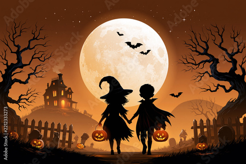 Children trick-or-treating in costumes on path with full moon, castle and pumpkins
