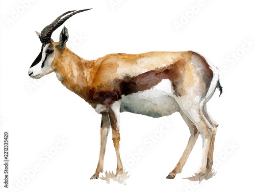 Watercolor Painting Of A Springbok Standing Isolated On A Clean White Background