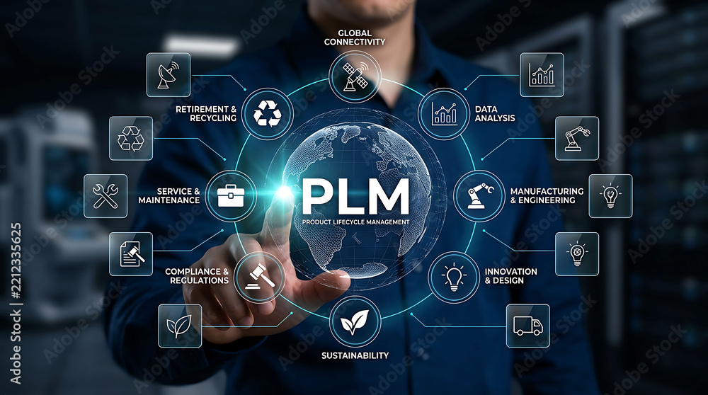 Obraz premium Businessman interacting with digital PLM globe and icons in a server room