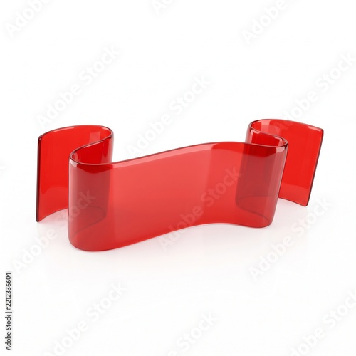 3D blank glossy red ribbon banner on white background with copy space
