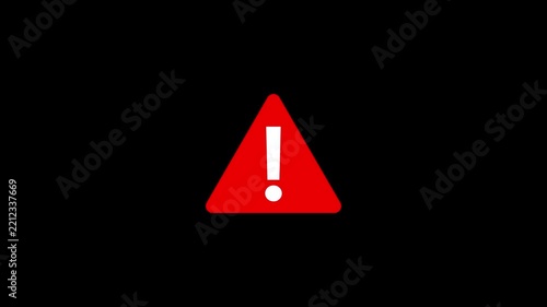 Red exclamation triangle alert, warning, risk, danger animation on black background.