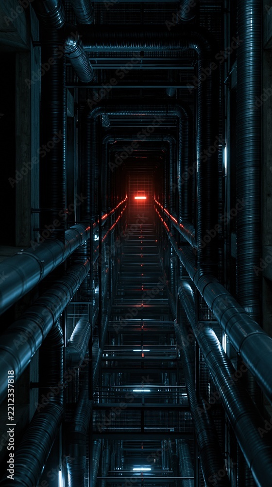 Fototapeta premium Futuristic Industrial Corridor with Red Light at the End, Vertical View