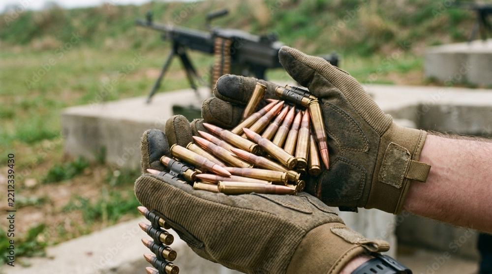 Obraz premium Hands in tactical gloves holding ammunition and bullet belt with machine gun in background outdoor shooting range