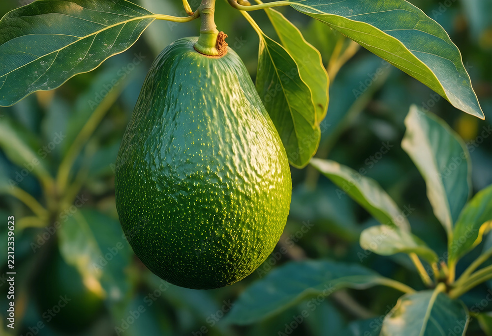 Fototapeta premium Healthy nutrition and organic food production, fresh green avocado hanging on a tree branch in a sunny orchard for sustainable agriculture and farming