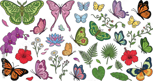 Hand Drawn Tropical Butterfly and Moth Vector Illustration Set with Exotic Hibiscus Orchid Flowers and Jungle Botanical Elements