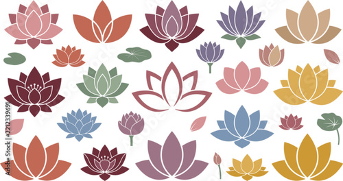 Minimalist Lotus Flower Vector Icon Set with Abstract Lily Pad Elements for Spa Branding Yoga Logo and Wellness Graphic Designs