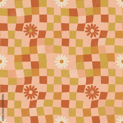Seamless 70s groovy wavy checkerboard and retro daisy flower pattern