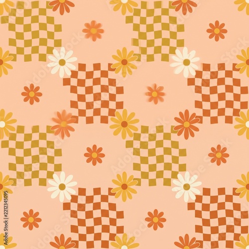 Seamless 70s groovy wavy checkerboard and retro daisy flower pattern