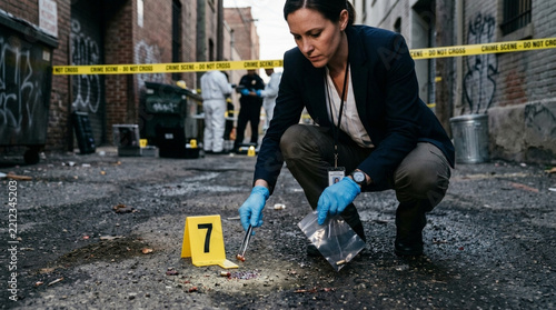 Female Detective Inspecting Evidence at Crime Scene in Urban Alley