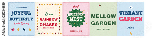 Set of five spring themed greeting cards with floral and nature motifs