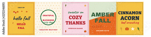 Set of Five Autumn Themed Greeting Cards with Seasonal Typography