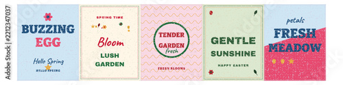 Set of five spring themed greeting cards with floral typography