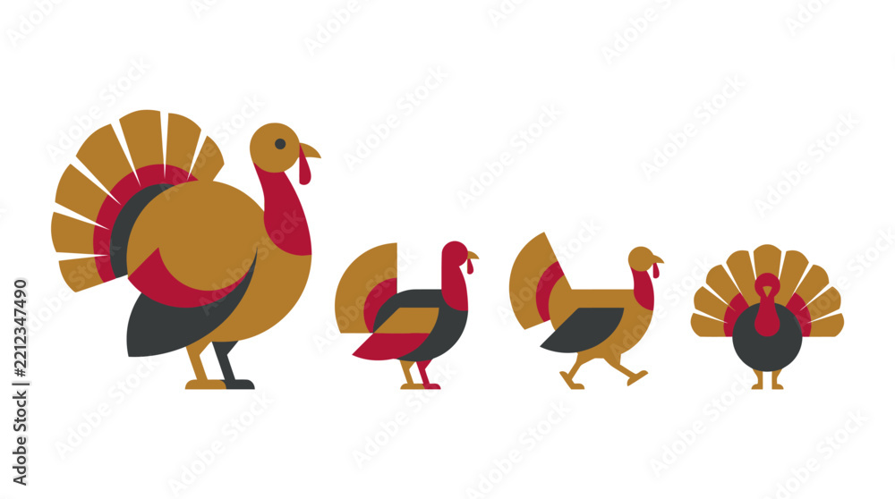 Obraz premium Thanksgiving turkey illustration set, flat design vector for holiday cards and banners