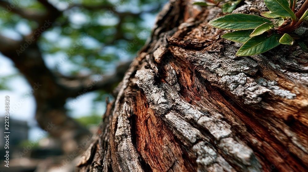 Fototapeta premium Close up on weathered tree bark with green leaves and blurred background