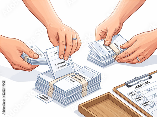Close up illustration of hands counting stacks of paper election ballots during a recount