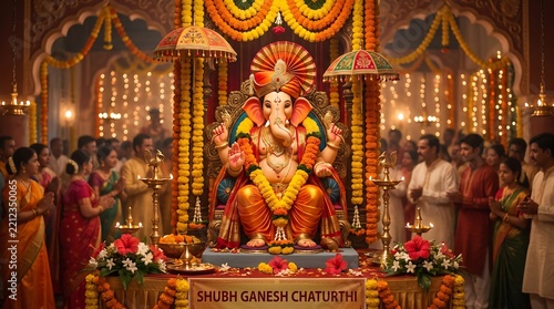Ganesha chaturthi celebration with decorated idol in a temple