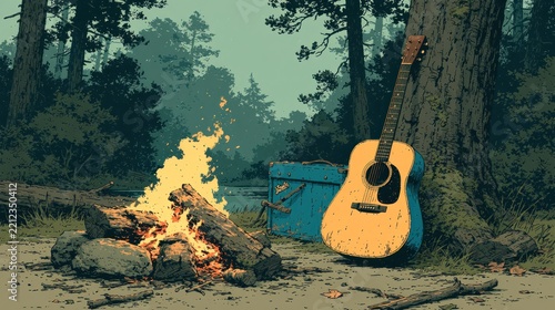 Acoustic guitar and campfire in a forest with transparent background
