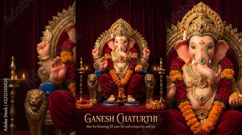 Ganesh chaturthi idol decorated with gold jewelry and marigolds