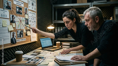 Detectives analyzing evidence board crime investigation police work teamwork suspects clues case files criminal activity forensic research planning deduction mystery solving