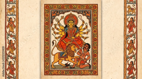 Traditional indian painting of goddess durga riding a lion